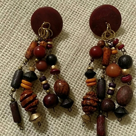 None Jewelry - Bohemian Wood Beaded Dangle Post Earrings In Black Brown And Gold OS